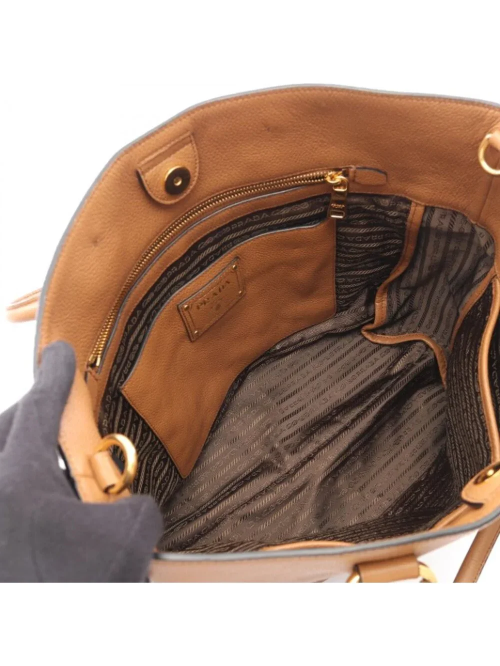 Prada Tote Bag Vitello Phenix Brown Leather Metal Logo 2-Way
